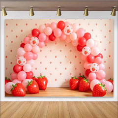 Lofaris Toile de fond anniversaire fraise rose avec ballons, décor mural motif fraises et ballons rouges pour fête d'enfants