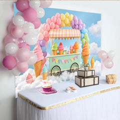 Lofaris Toile de fond joyeux anniversaire chariot de glaces et ballons pastel, magnifique arrière-plan de fête pour studio photo et décoration
