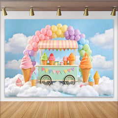 Lofaris Toile de fond joyeux anniversaire chariot de glaces et ballons pastel, magnifique arrière-plan de fête pour studio photo et décoration