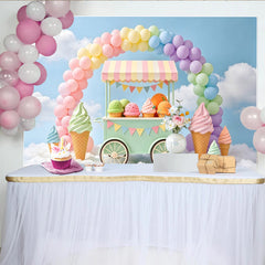 Lofaris Toile de fond anniversaire chariot de glaces pastel et ballons, décor de fête d'enfants sur nuages pour studio photo