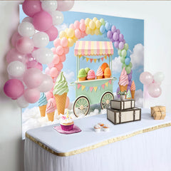 Lofaris Toile de fond anniversaire chariot de glaces pastel et ballons, décor de fête d'enfants sur nuages pour studio photo