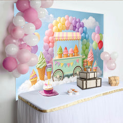 Lofaris Toile de fond pour anniversaire avec chariot de glaces et ballons arc-en-ciel, magnifique décor de fête pour studio photo
