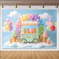 Lofaris Toile de fond pour anniversaire avec chariot de glaces et ballons arc-en-ciel, magnifique décor de fête pour studio photo