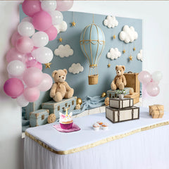 Lofaris Toile de fond pour baby shower montgolfière bleu ciel avec nuages et étoiles, décor de rêve pour photographie de nouveau-né