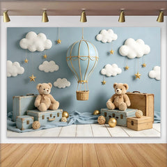Lofaris Toile de fond pour baby shower montgolfière bleu ciel avec nuages et étoiles, décor de rêve pour photographie de nouveau-né
