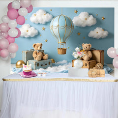 Lofaris Toile de fond bleue montgolfière et ours en peluche pour baby shower, magnifique décor de rêve avec nuages et étoiles pour studio photo