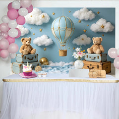 Lofaris Toile de fond de photographie montgolfière et oursons, décor de rêve bleu ciel avec nuages et étoiles pour bébé