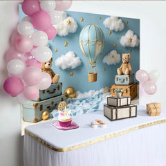 Lofaris Toile de fond de photographie montgolfière et oursons, décor de rêve bleu ciel avec nuages et étoiles pour bébé