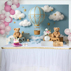 Lofaris Toile de fond bleu ciel montgolfière et ours en peluche pour baby shower, magnifique arrière-plan de rêve avec valises vintage