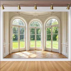 Lofaris Toile de fond de photographie d'intérieur élégant avec fenêtres arquées et jardin, magnifique arrière-plan lumineux pour studio photo
