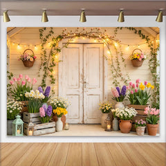 Lofaris Toile de fond de photographie printemps floral avec porte rustique, magnifique arrière-plan de jardin fleuri pour studio photo