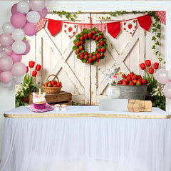 Lofaris Toile de fond de photographie ferme aux fraises et porte de grange, décor printanier avec guirlande pour séance photo