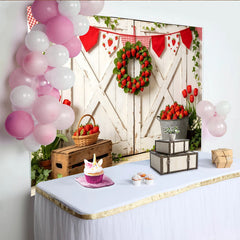 Lofaris Toile de fond de photographie ferme aux fraises et porte de grange, décor printanier avec guirlande pour séance photo