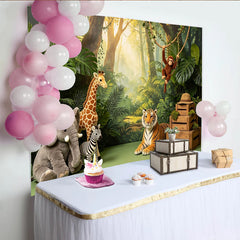 Lofaris Toile de fond de photographie jungle luxuriante avec animaux sauvages, arrière-plan pour studio photo ou fête d'anniversaire enfants