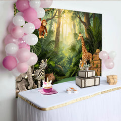 Lofaris Toile de fond pour baby shower safari jungle avec animaux et feuillage vert luxuriant, pour photographie d'enfants et décoration