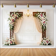 Lofaris Toile de fond de mariage élégante avec arches florales et roses, somptueux arrière-plan pour cérémonie et séance photo