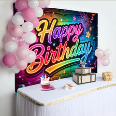 Lofaris Toile de fond joyeux anniversaire néon coloré sur mur de briques, arrière-plan lumineux avec confettis pour studio photo