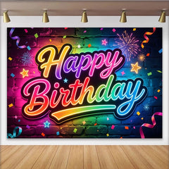 Lofaris Toile de fond joyeux anniversaire néon coloré sur mur de briques, arrière-plan lumineux avec confettis pour studio photo
