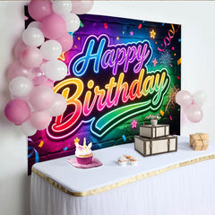 Lofaris Toile de fond néon joyeux anniversaire colorée avec confettis, magnifique arrière-plan pour studio photo et fête