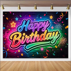 Lofaris Toile de fond néon joyeux anniversaire colorée avec confettis, magnifique arrière-plan pour studio photo et fête