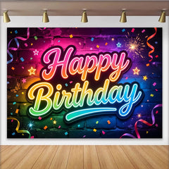 Lofaris Toile de fond joyeux anniversaire néon aux couleurs vives et confettis, arrière-plan lumineux pour fête et studio photo