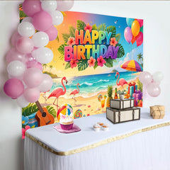 Lofaris Toile de fond Joyeux Anniversaire tropical flamant et palmiers, décor de fête coloré avec ballons et cadeaux pour séance photo
