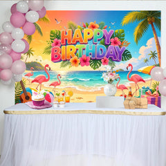 Lofaris Toile de fond joyeux anniversaire tropical avec flamants roses et palmiers, magnifique décor de plage pour fête d'été et studio photo
