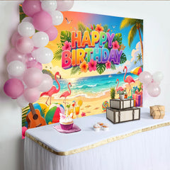 Lofaris Toile de fond joyeux anniversaire tropical avec flamants roses et palmiers, magnifique décor de plage pour fête d'été et studio photo