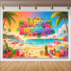 Lofaris Toile de fond joyeux anniversaire tropical avec flamants roses et palmiers, magnifique décor de plage pour fête d'été et studio photo