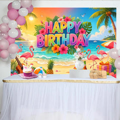 Lofaris Toile de fond joyeux anniversaire tropicale avec flamants roses et plage, magnifique décor d'été pour studio photo et célébration
