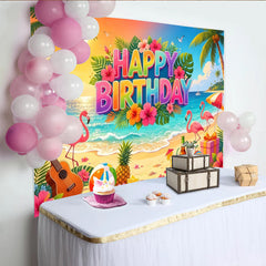 Lofaris Toile de fond joyeux anniversaire tropicale avec flamants roses et plage, magnifique décor d'été pour studio photo et célébration