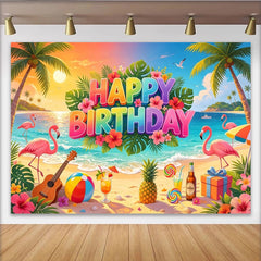 Lofaris Toile de fond joyeux anniversaire tropicale avec flamants roses et plage, magnifique arrière-plan d'été pour fête et studio photo