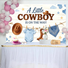 Lofaris Toile de fond pour baby shower garçon thème cowboy avec bottes et chapeaux, arrière-plan western nuages et étoiles pour fête prénatale