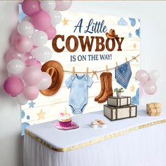Lofaris Toile de fond pour baby shower garçon thème cowboy avec bottes et chapeaux, arrière-plan western nuages et étoiles pour fête prénatale