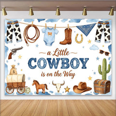 Lofaris Toile de fond pour baby shower thème cowboy avec bottes et chapeau, arrière-plan western bleu et marron pour studio photo