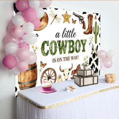 Lofaris Toile de fond baby shower petit cowboy western avec chapeau et bottes, décor de fête imprimé vache et cactus pour séance photo
