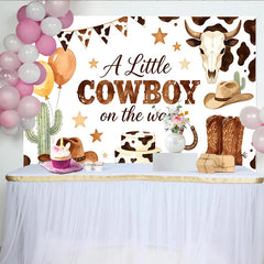 Lofaris Toile de fond pour baby shower cowboy avec chapeaux, bottes et imprimé vache, magnifique arrière-plan rustique pour la fête d'un garçon