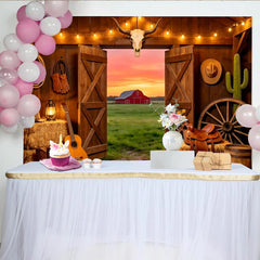 Lofaris Toile de fond de photographie western avec grange ouverte et coucher de soleil, décor rustique de ferme et accessoires de cowboy