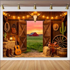 Lofaris Toile de fond de photographie western avec grange ouverte et coucher de soleil, décor rustique de ferme et accessoires de cowboy