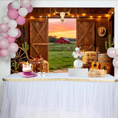 Lofaris Toile de fond de photographie western avec grange rustique et coucher de soleil, magnifique arrière-plan de studio pour décor de ferme