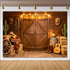 Lofaris Toile de fond de photographie western porte de grange en bois, décor rustique avec bottes de cowboy et guitare