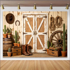 Lofaris Toile de fond de photographie western grange rustique avec cactus et chapeau de cowboy, véritable arrière-plan vintage