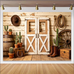 Lofaris Toile de fond de photographie western rustique porte de grange, arrière-plan de studio avec cactus, chapeau et bottes de cowboy