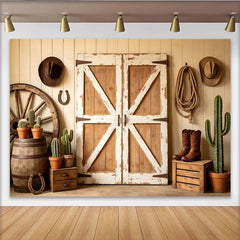Lofaris Toile de fond de photographie western avec portes de grange en bois vieilli et cactus, arrière-plan rustique pour studio photo
