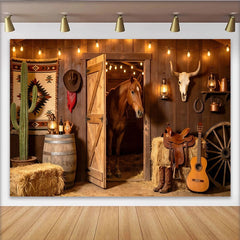Lofaris Toile de fond de photographie grange western avec cheval, arrière-plan rustique avec foin, cactus et guitare pour studio photo