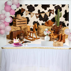 Lofaris Toile de fond anniversaire cowboy imprimé vache et bottes rustiques, décor western pour studio photo et fête d'enfants