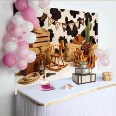 Lofaris Toile de fond anniversaire cowboy imprimé vache et bottes rustiques, décor western pour studio photo et fête d'enfants