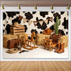 Lofaris Toile de fond anniversaire cowboy imprimé vache et bottes rustiques, décor western pour studio photo et fête d'enfants