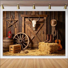 Lofaris Toile de fond de photographie western avec porte de grange et crâne de taureau, magnifique décor rustique pour studio photo