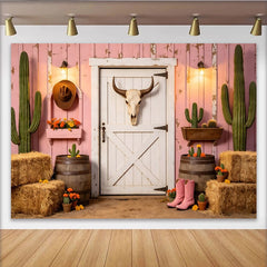 Lofaris Toile de fond de photographie ranch rose avec cactus et bottes de cowboy, arrière-plan rustique pour studio photo et événements